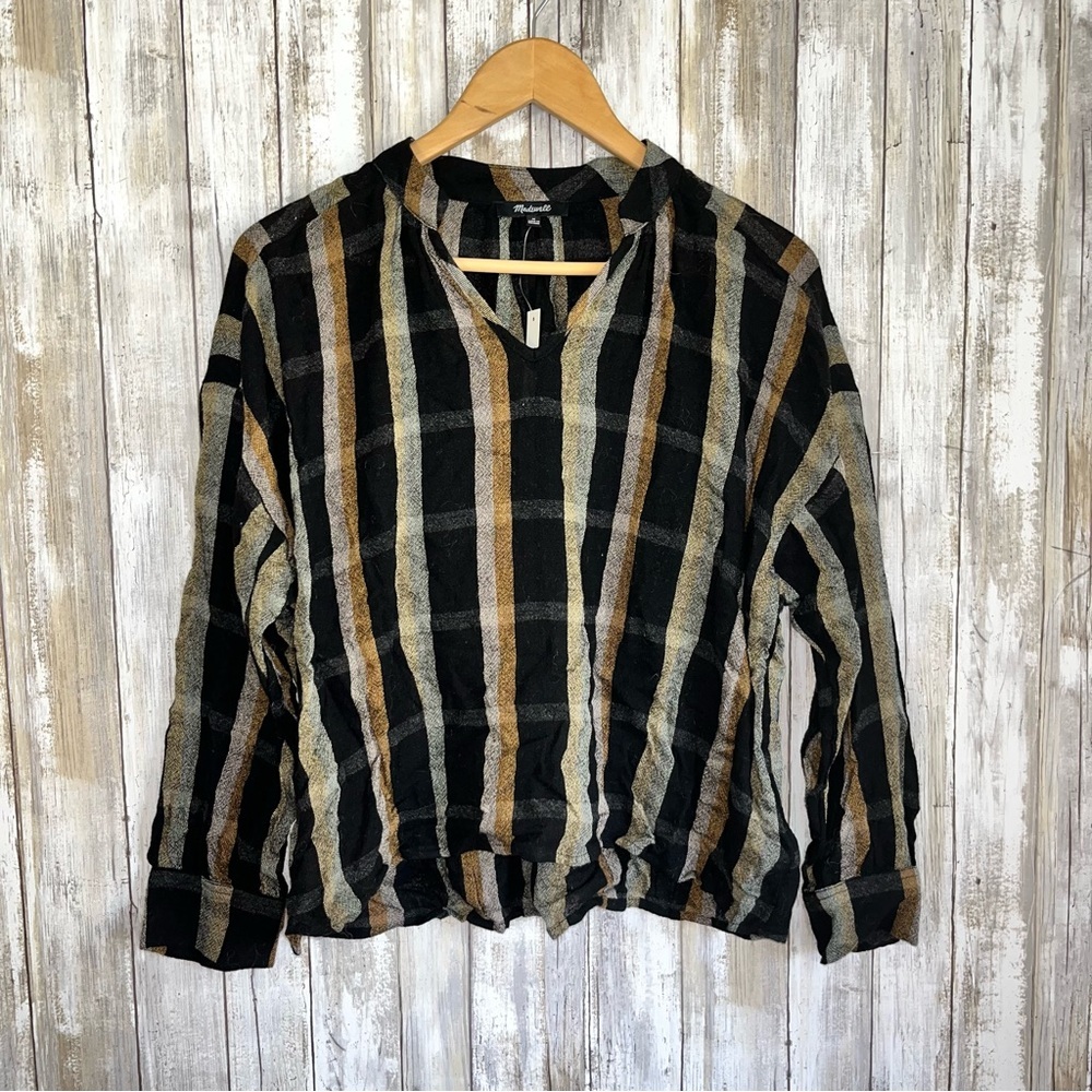 Madewell Highroad Popover Top Black Tan Stripe NWT Size M Lightweight Blouse - Picture 2 of 6